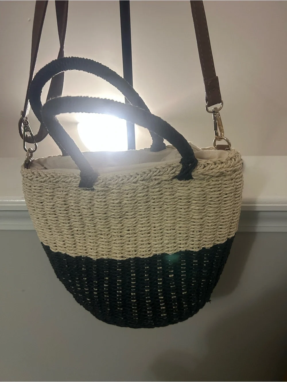 Marabelle Woven Two-Tone Black & Cream Straw bucket Tote Bag